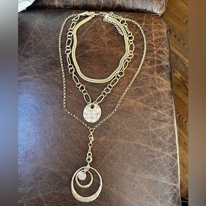 Artisan Gold Layered Multi-Chain Necklace with Hammered Disc